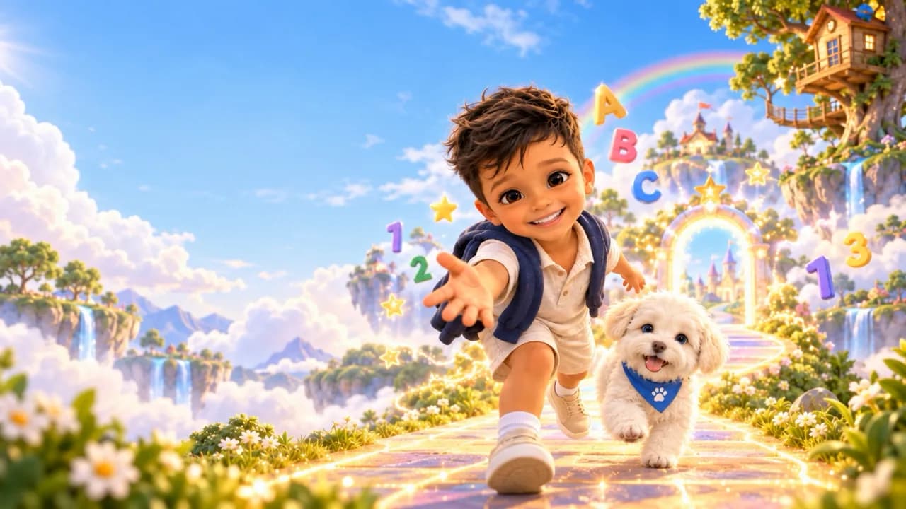 Thiago and Nube running into Thiago's World, inviting you to play, learn, and explore
